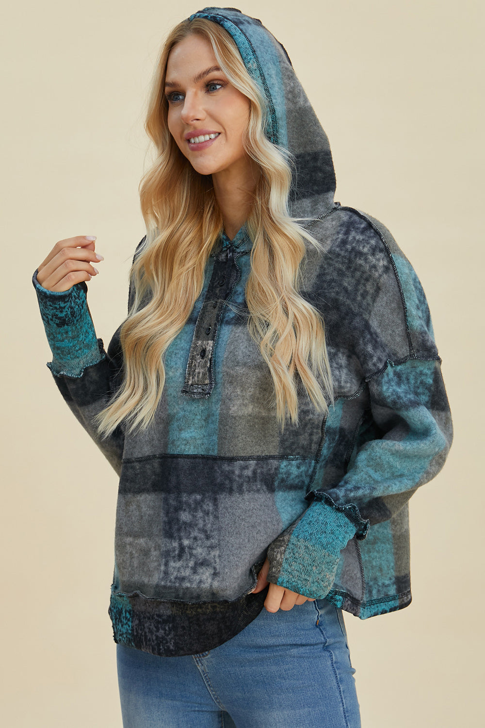 Double Take Full Size Plaid Dropped Shoulder Hoodie - Fashions Envy