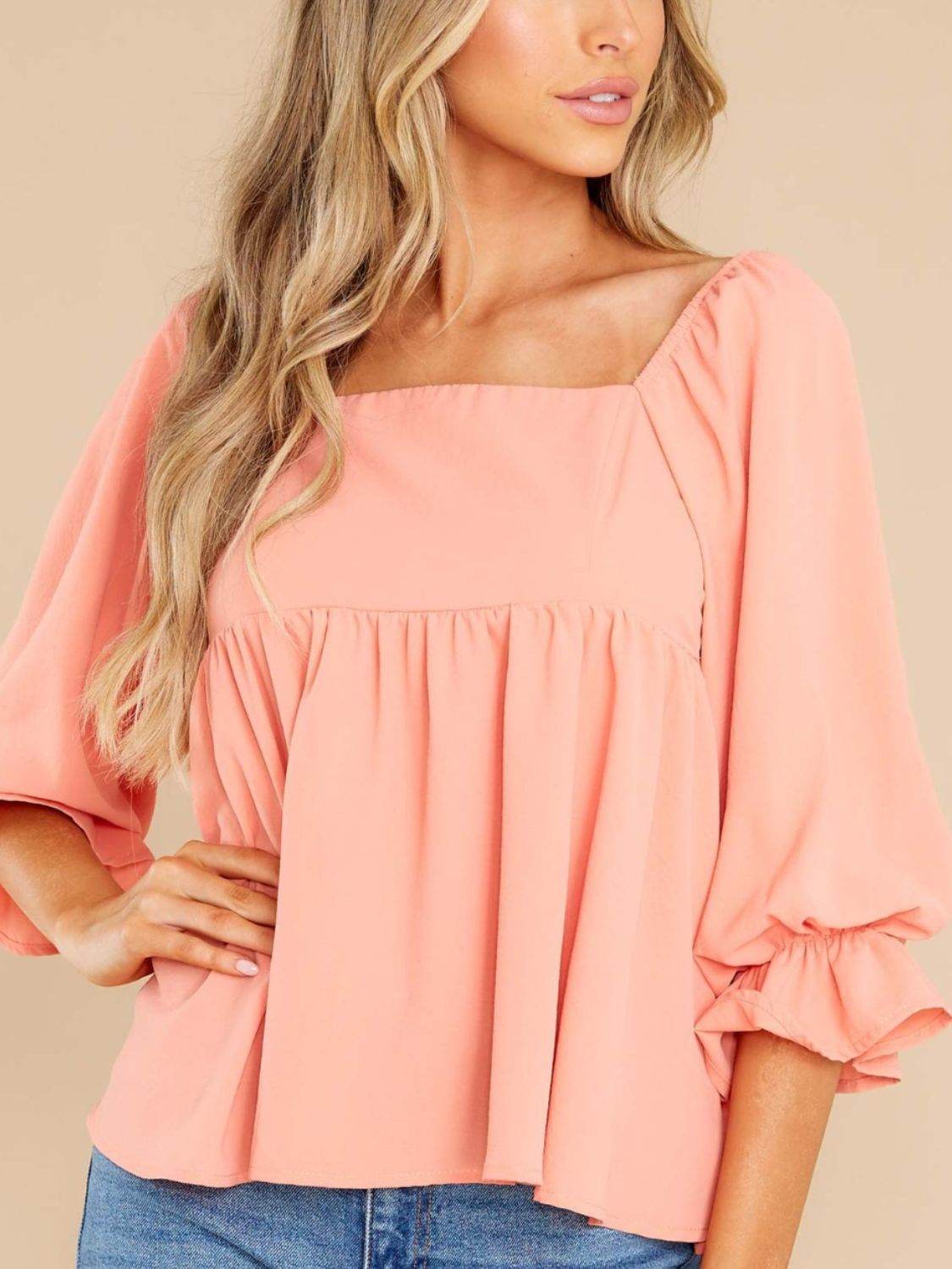 Smocked Square Neck Flounce Sleeve Blouse - Fashions Envy