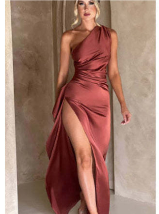 Sexy One-shoulder Slim-fit Backless Slit Satin Dress