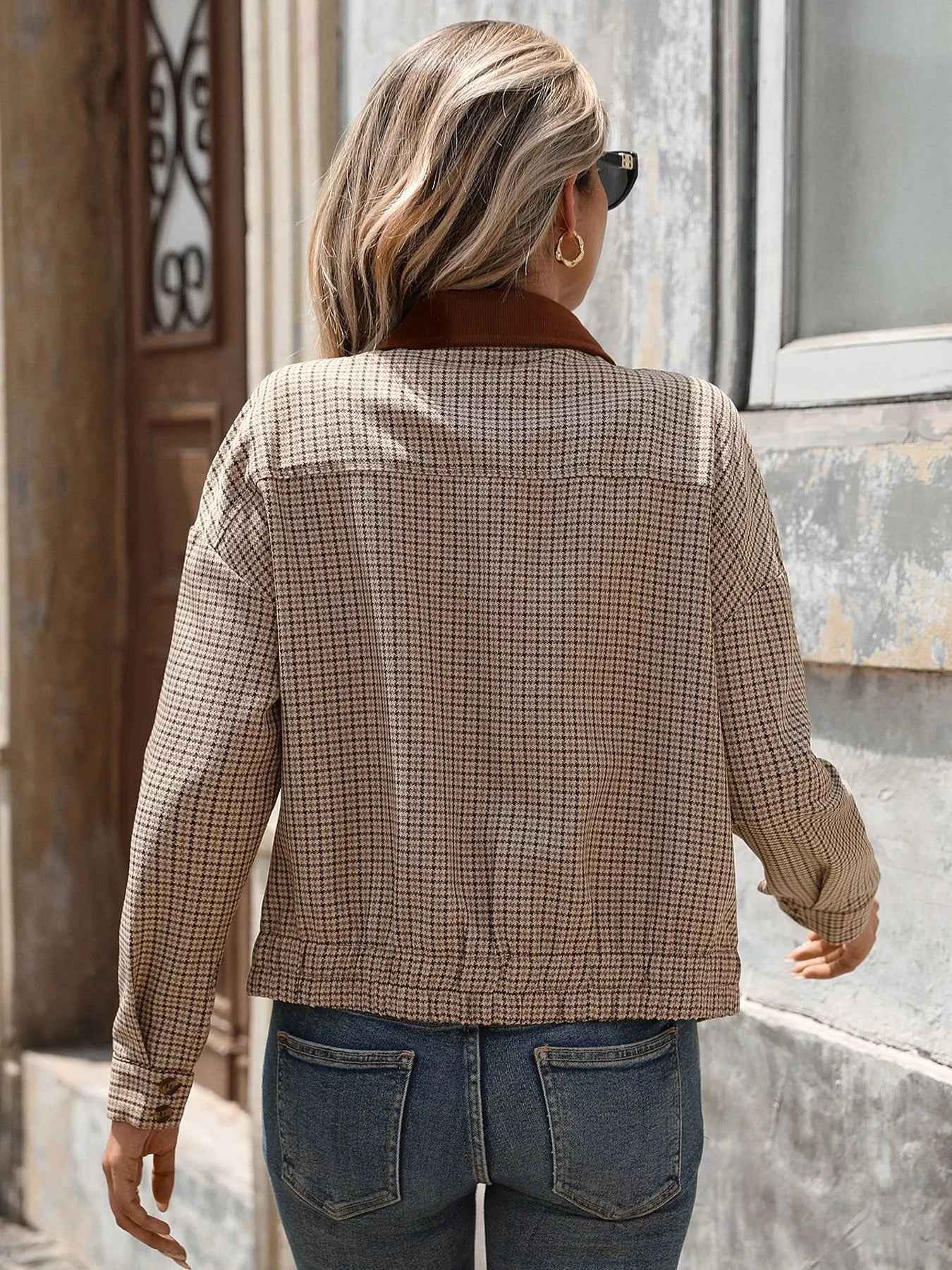 Plaid Zip Up Long Sleeve Jacket - Fashions Envy