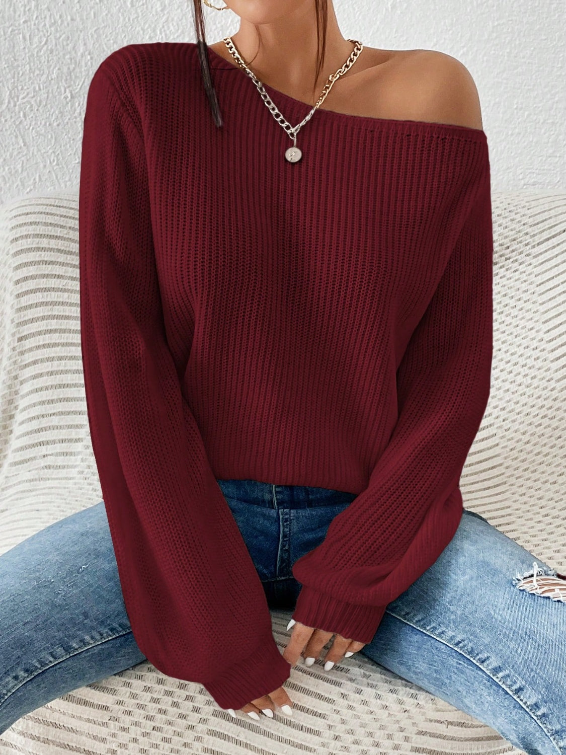 Honey Single Shoulder Long Sleeve Sweater - Fashions Envy
