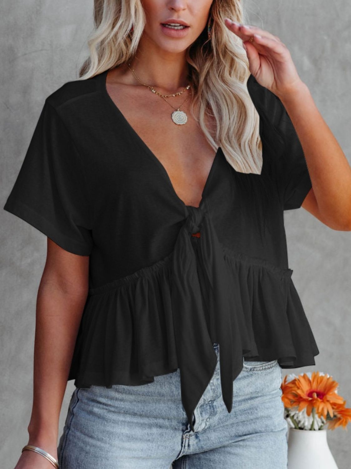 Tied Plunge V-neck Short Sleeve Blouse