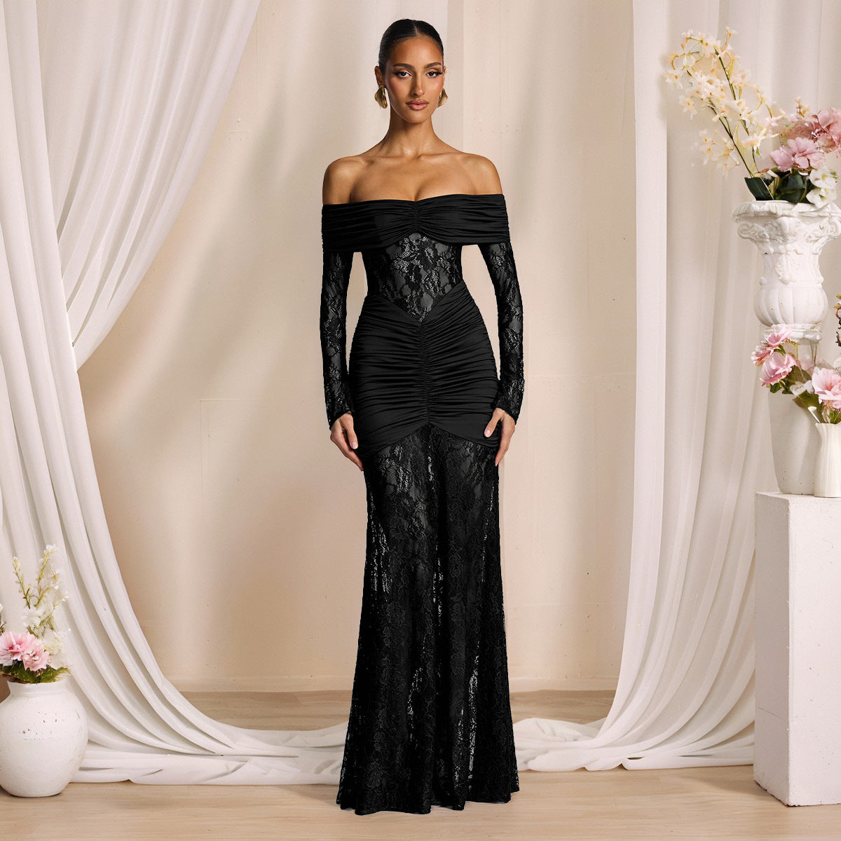 Off-Shoulder Bodycon Dress - Lace Long Sleeve Gown