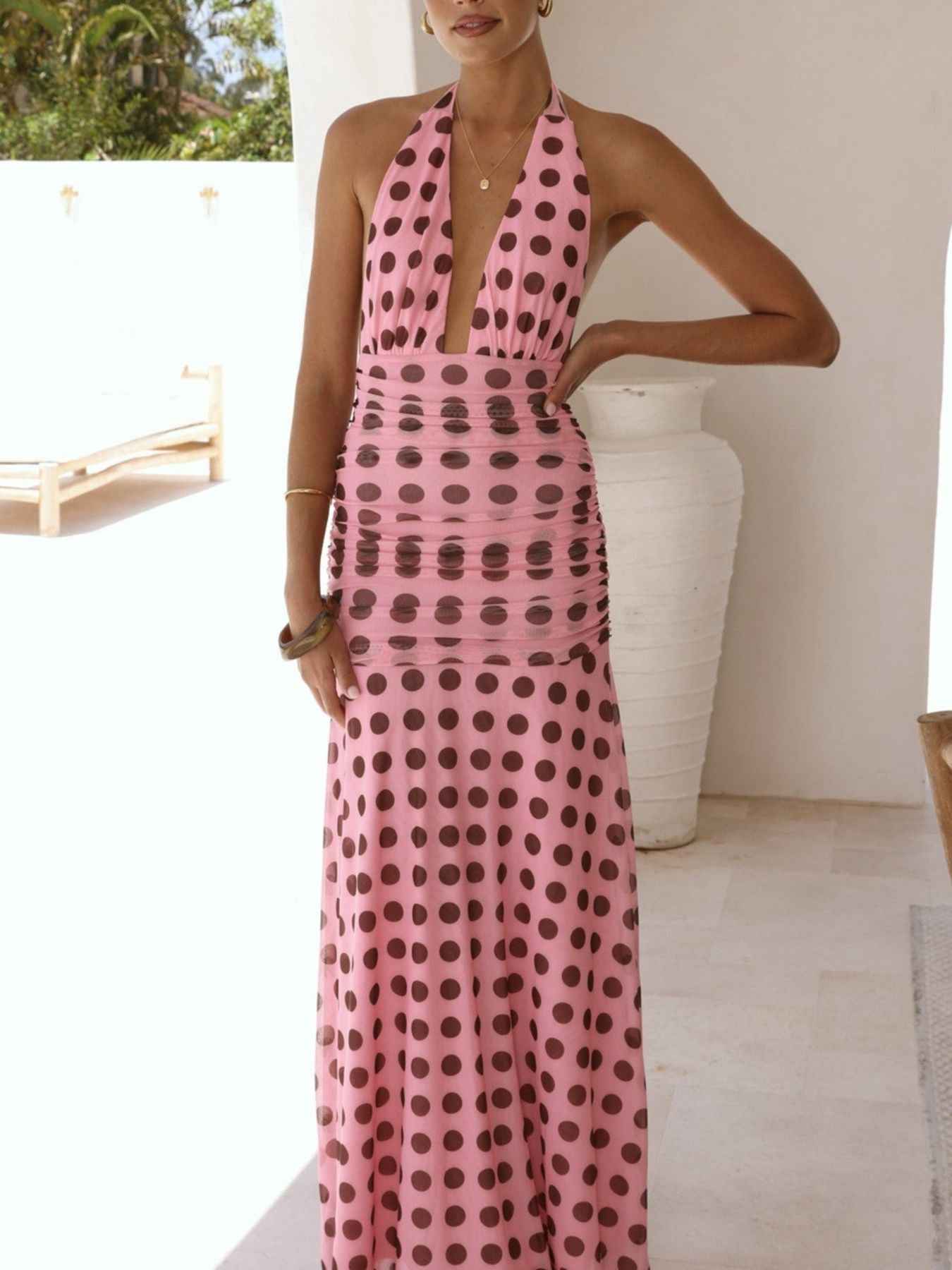 Polka Dot Halter Ruched Maxi Dress