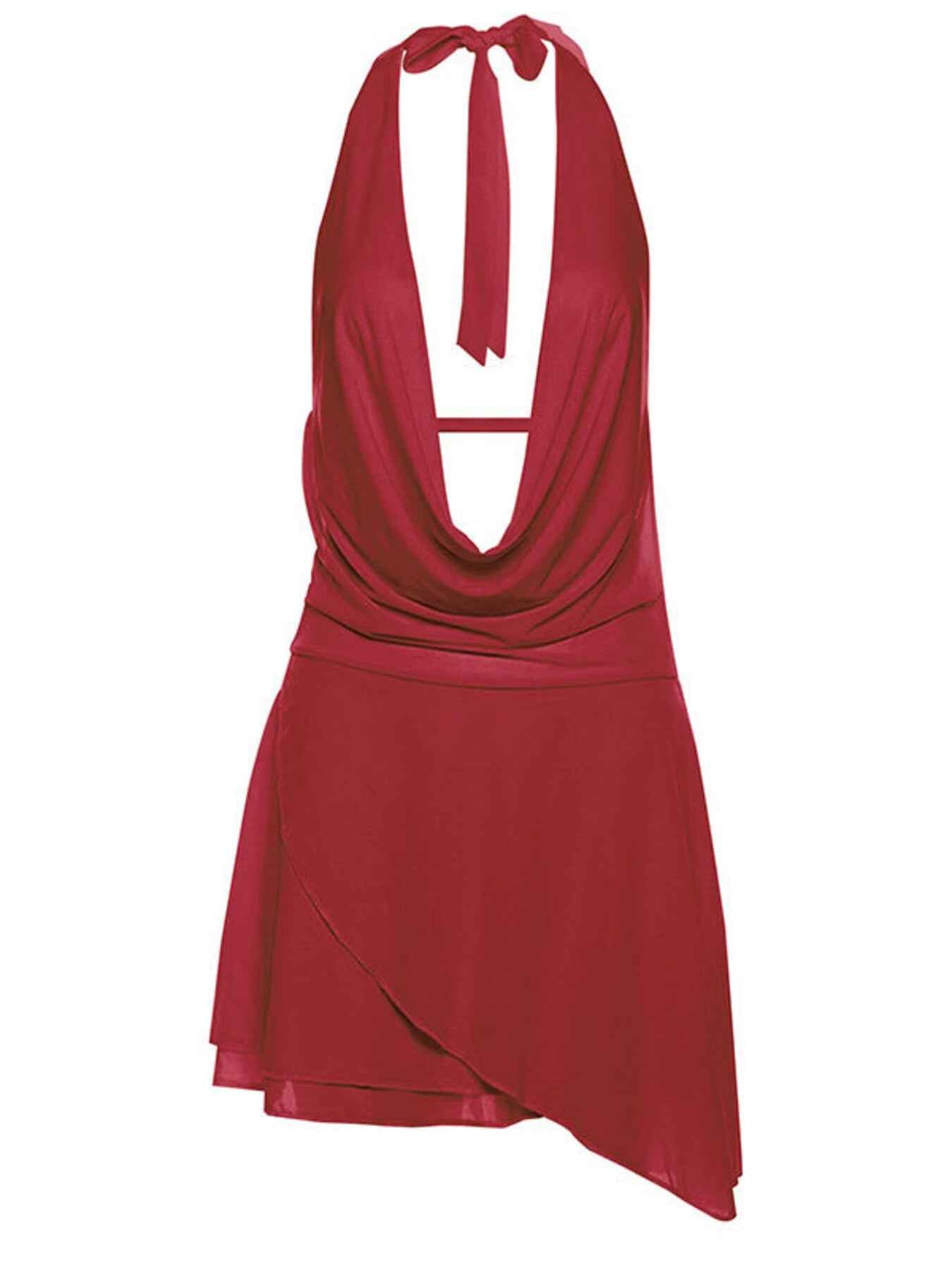 Ruffled Halter Mini Dress - Backless Tied Asymmetrical Slit