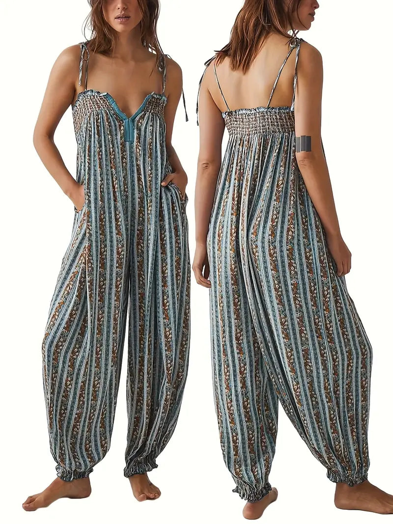 Sleeveless Flowy Vibrant Striped Jumpsuit with Lace Trim