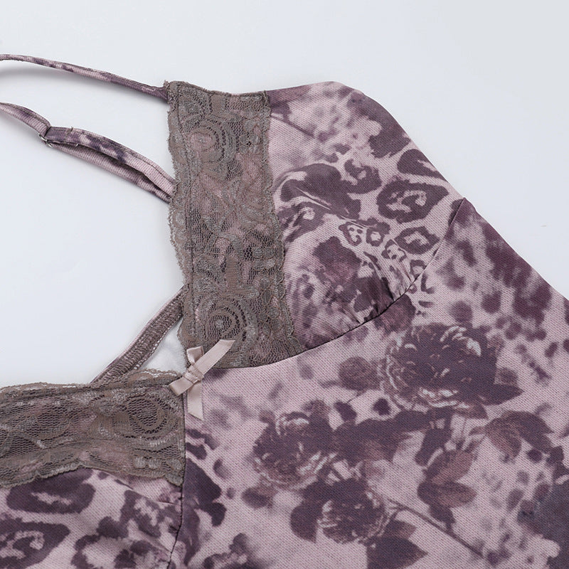 Leopard Print Camisole - Lace Trim Spaghetti Strap