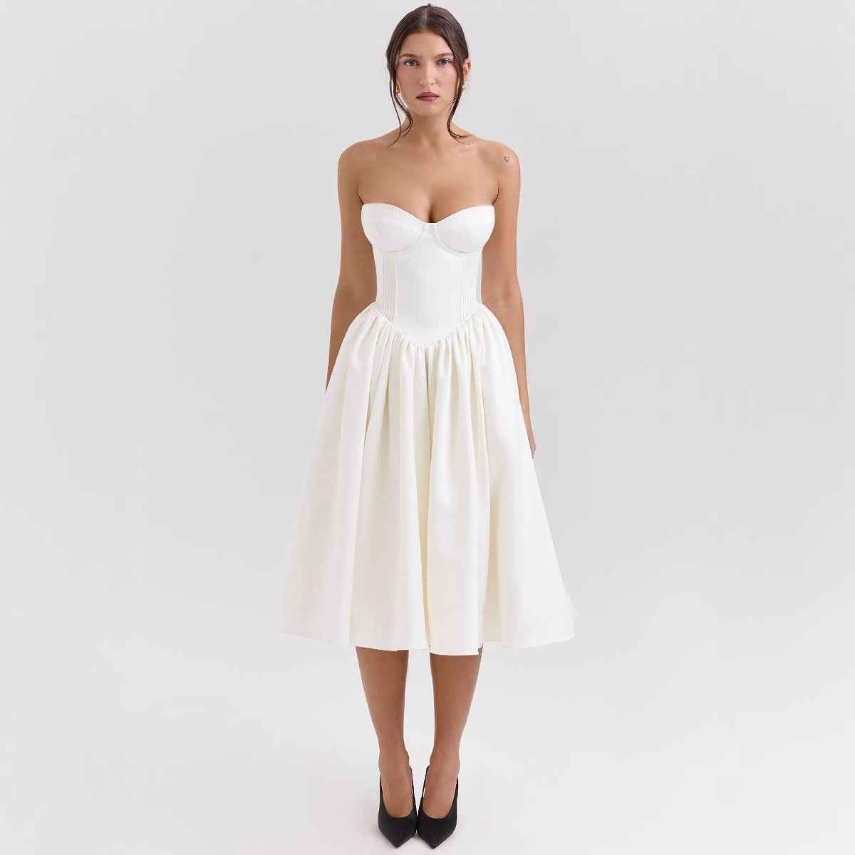 Sweetheart Midi Dress - Strapless Flared A-Line Skirt