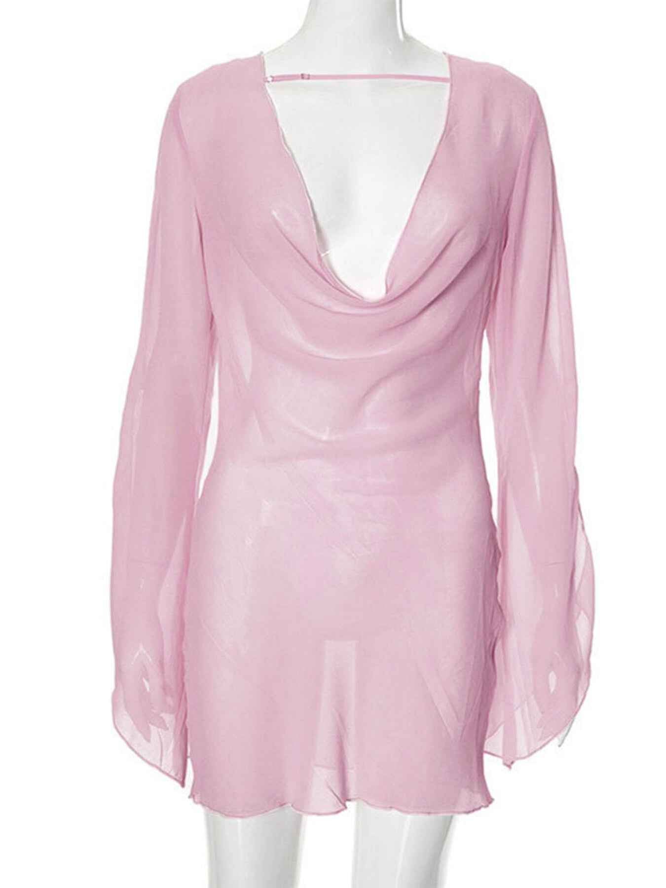 Purple Powder Sheer Mini Dress - Plunge Backless Chiffon