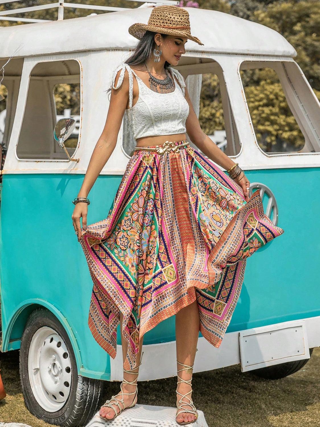 Printed High Waist Handkerchief Hem Skirt - Fashions Envy