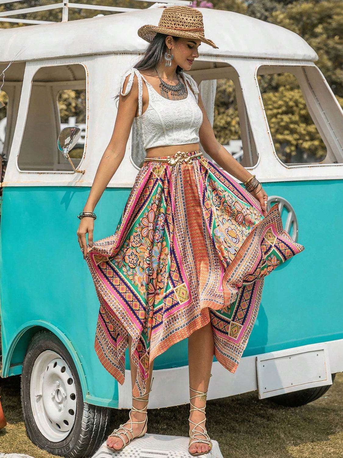 Printed High Waist Handkerchief Hem Skirt - Fashions Envy