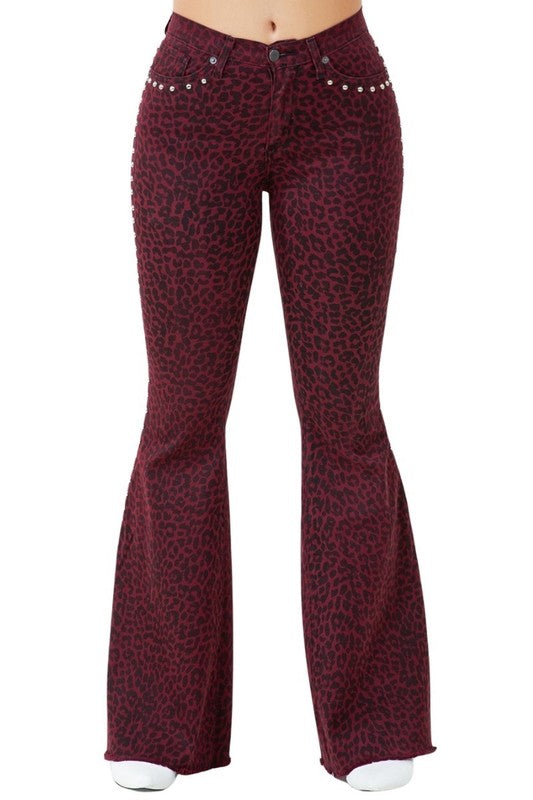 Leopard High Rise Studded Bell Bottom 30' Inseam