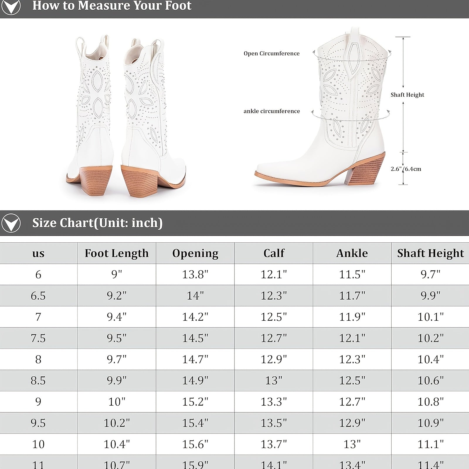 Slip-On Mid-Calf Western Cowgirl Boots with Embroidery & Studded Rivets
