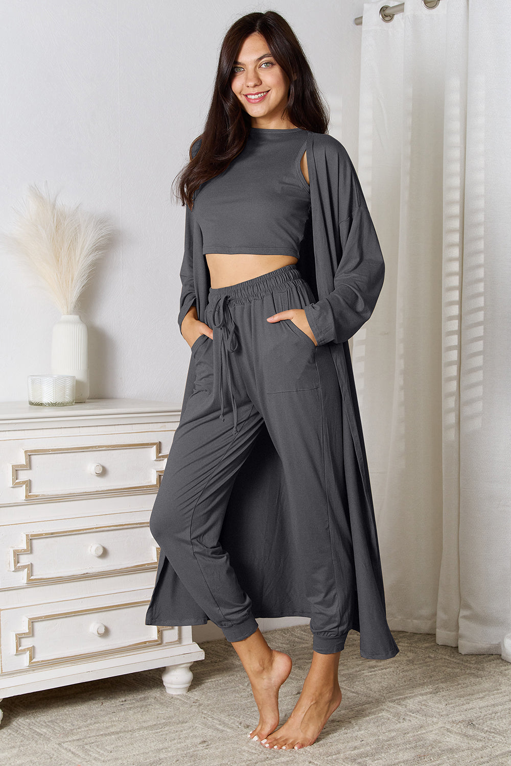 Crop Tank Top & Capri Pants with Long Cardigan Set