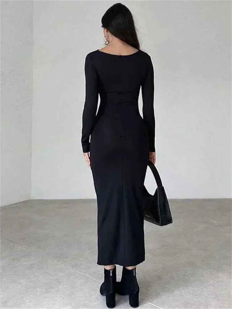 Pleated Maxi Dress - Bodycon Fitted Long Sleeve Elegant