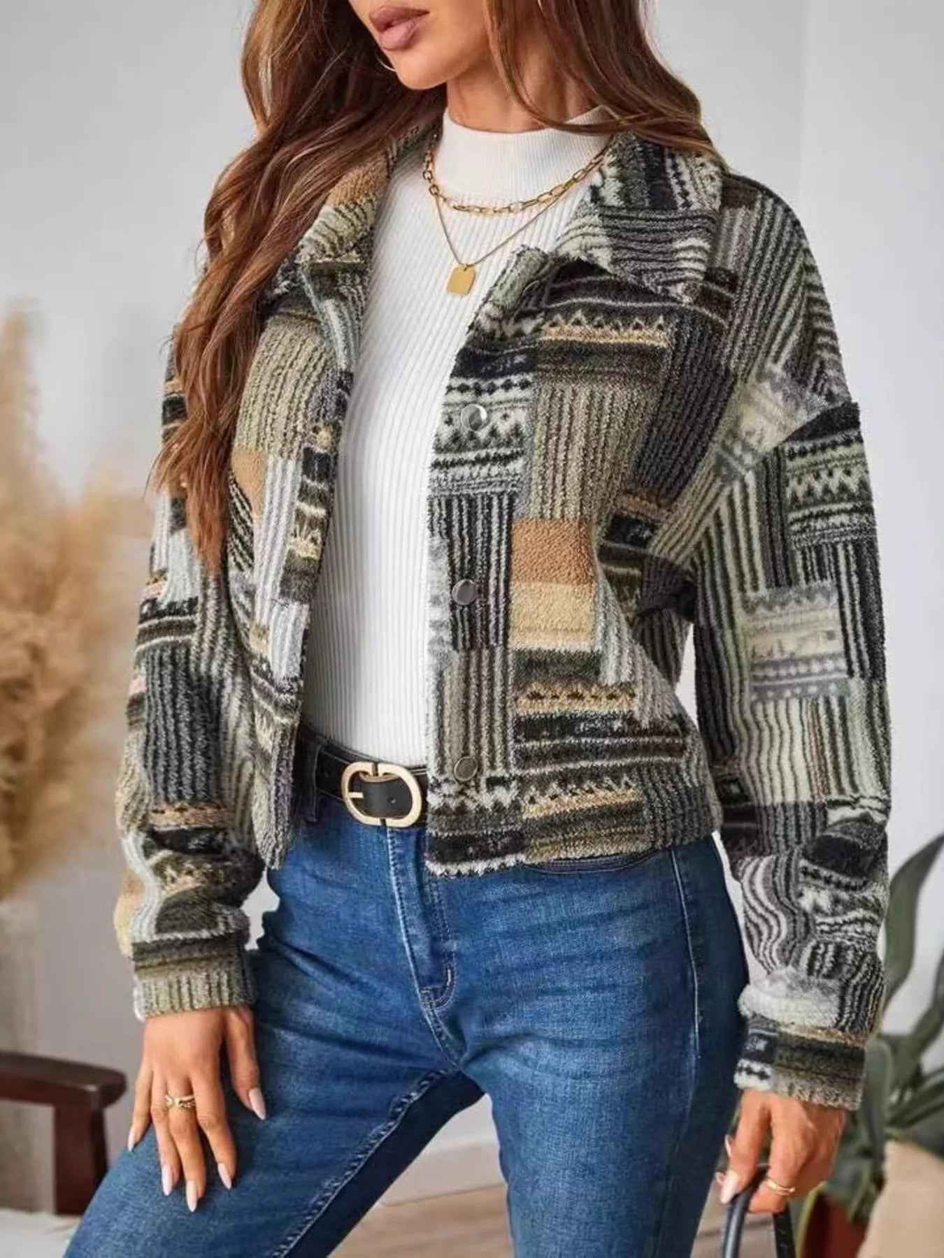 Patchwork Knit Cardigan - Cropped Button-Up Jacket - Fashions Envy