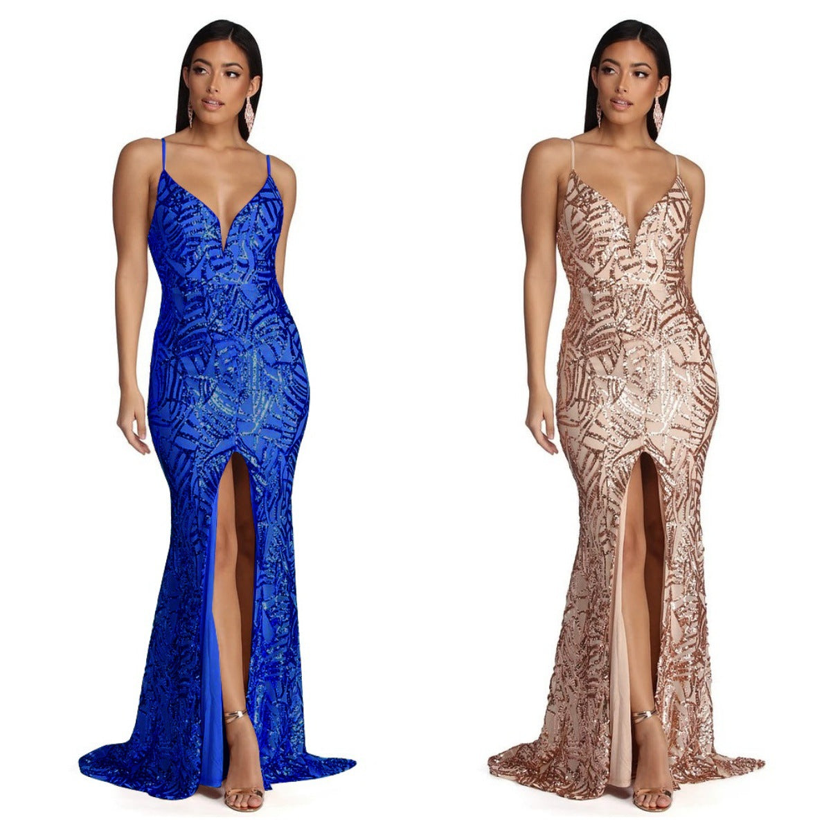 Spaghetti Strap Sequin Prom Gown - Deep V Maxi Slit Dress