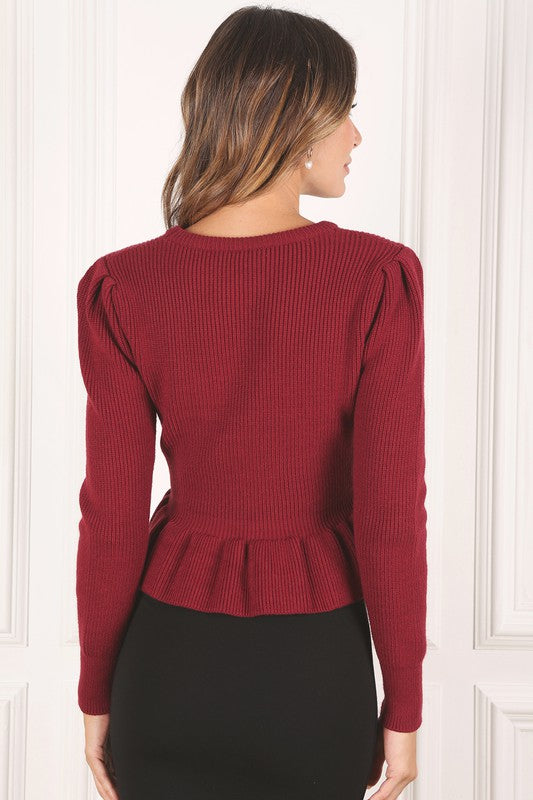 Peplum Round Neck Puff Sleeve Sweater