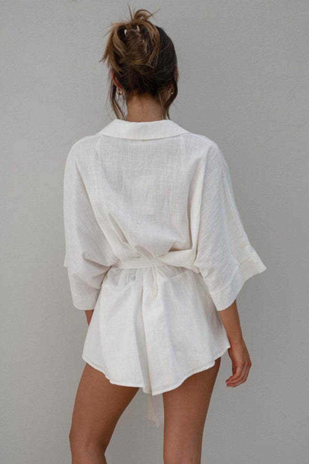 Tied Button Up Collared Neck Romper - Fashions Envy