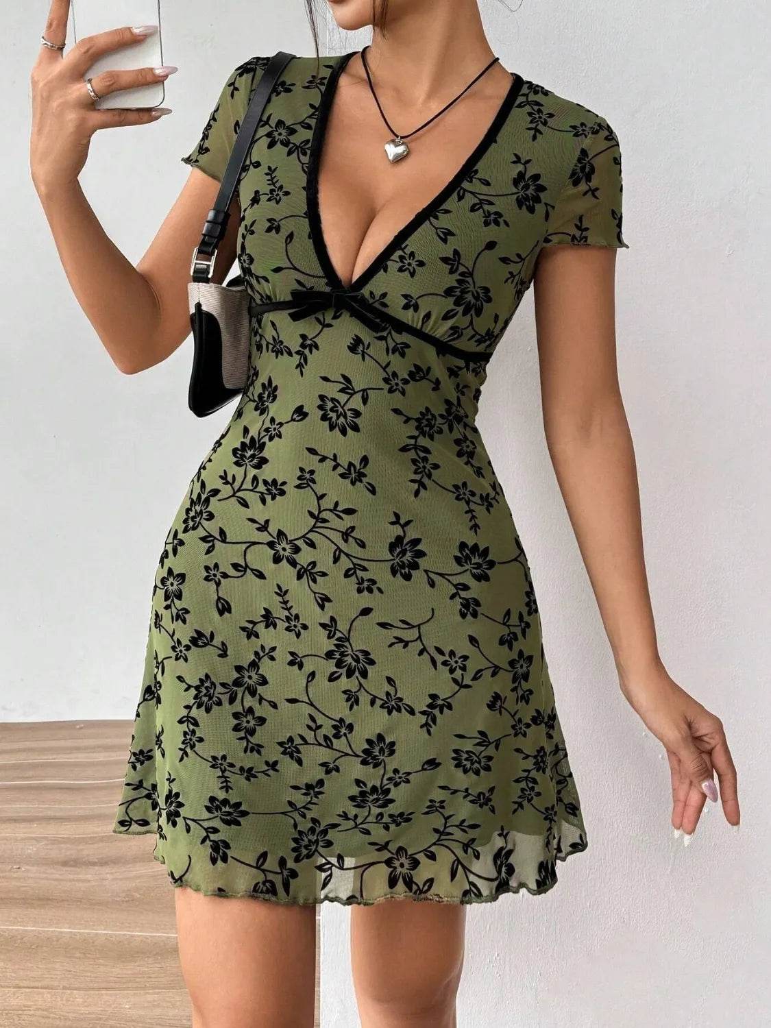 Printed V-Neck Short Sleeve Mini Dress - Cute Bow Detail Summer Dress - Fashions Envy
