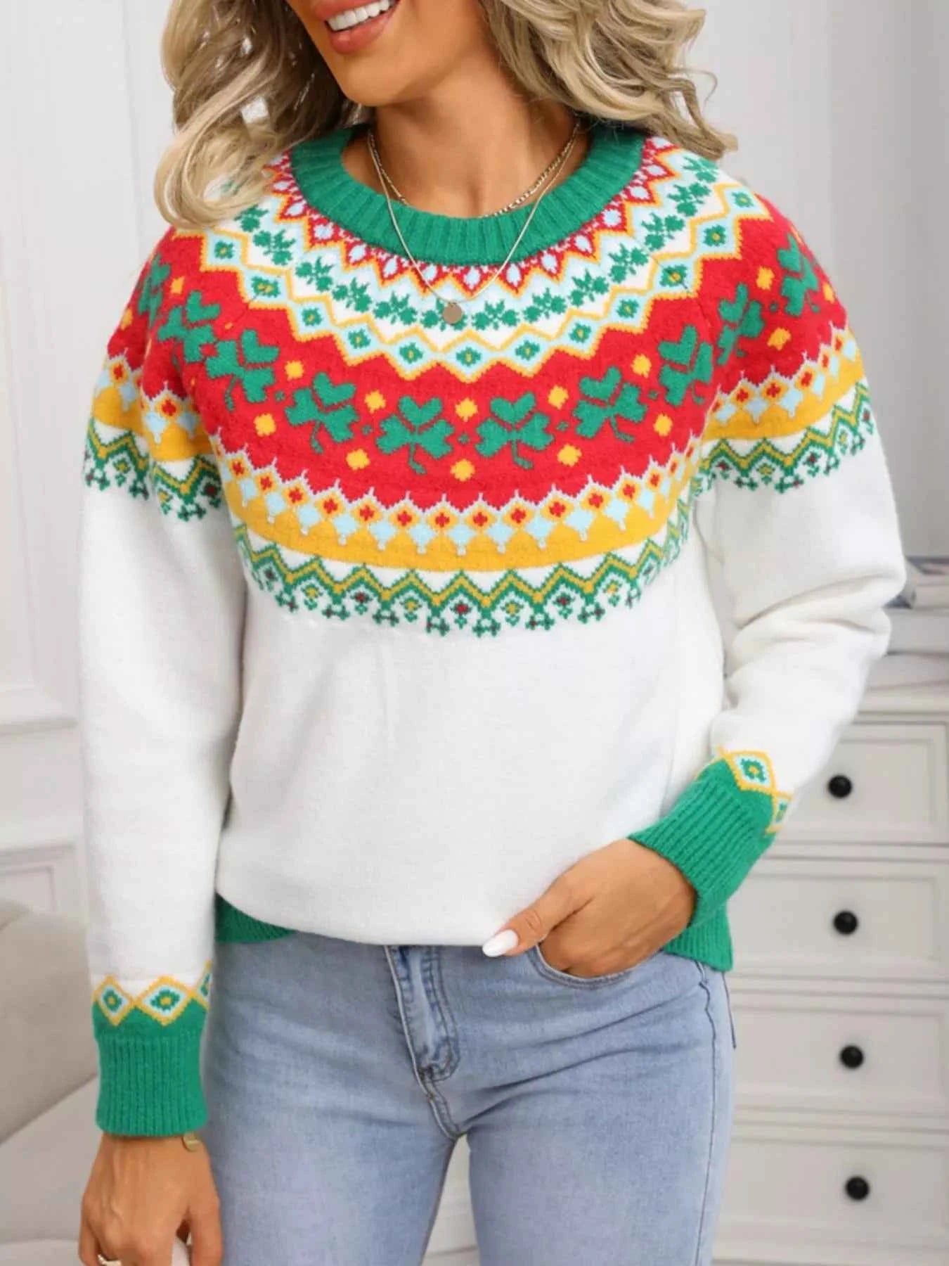 Clover Pattern Sweater - Long Sleeve Knitted Round Neck - Fashions Envy