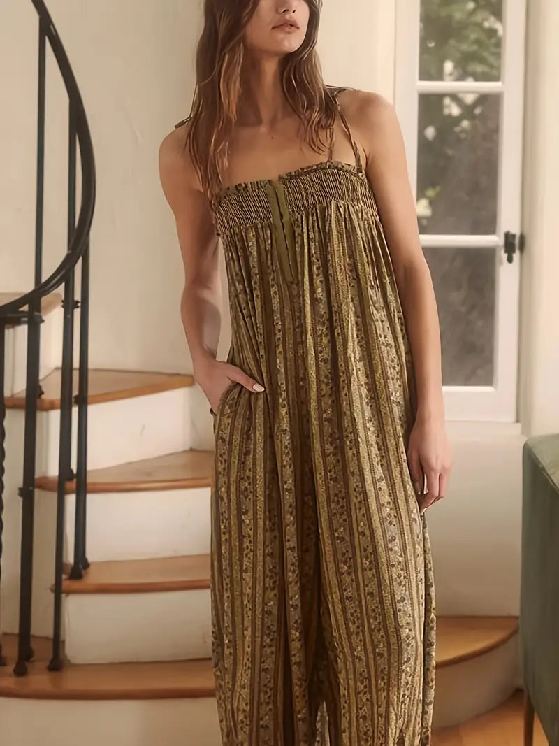 Sleeveless Flowy Vibrant Striped Jumpsuit with Lace Trim