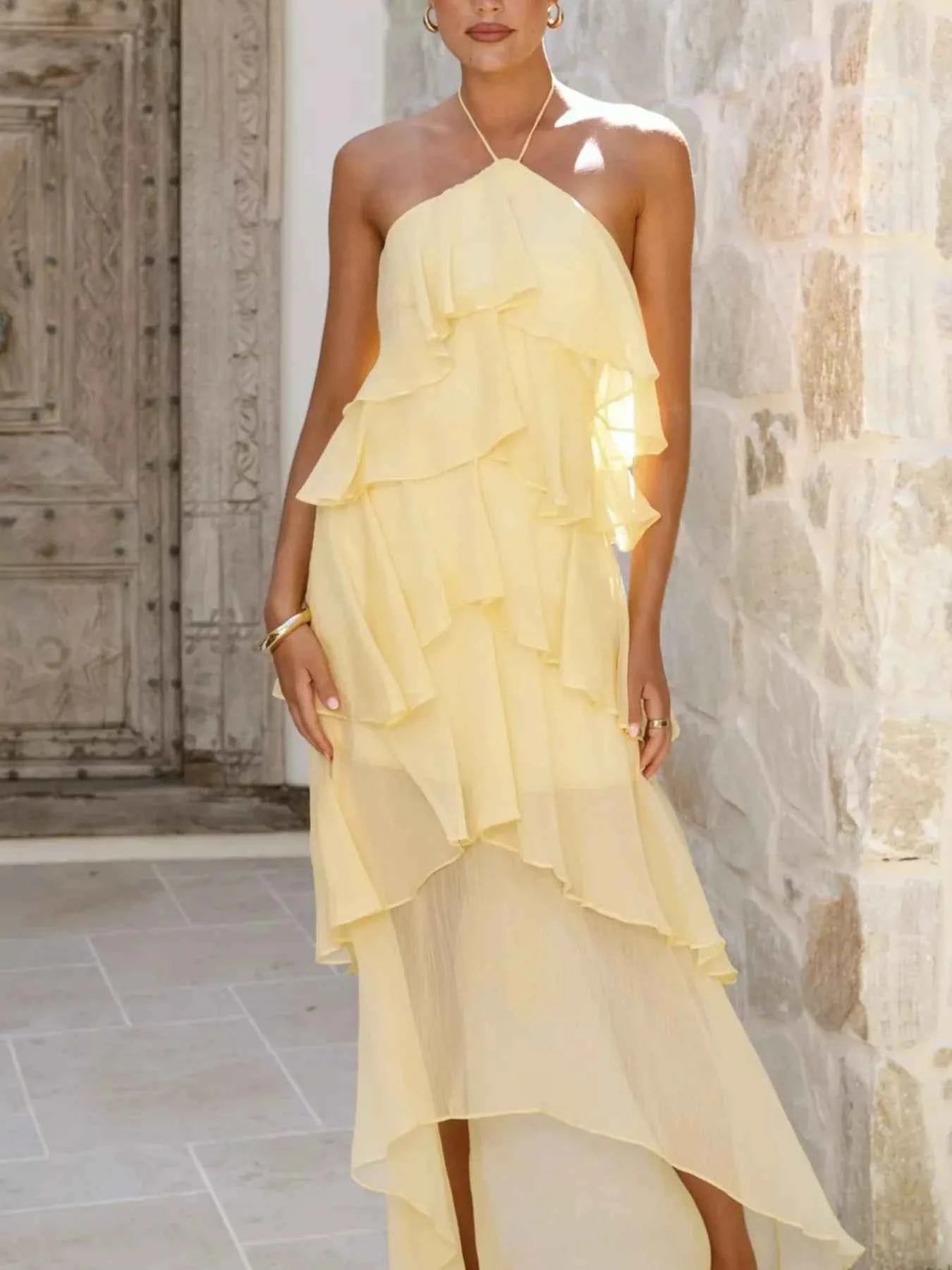 Tiered Ruffle Halter Midi Dress - Layered Flowy Style