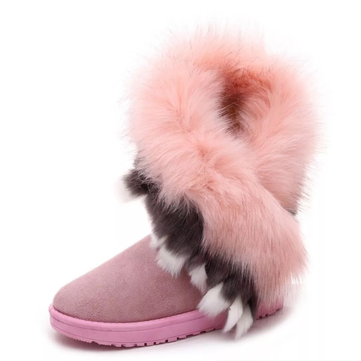 Fluffy Fur Cuff Round Toe Boots - Fashions Envy