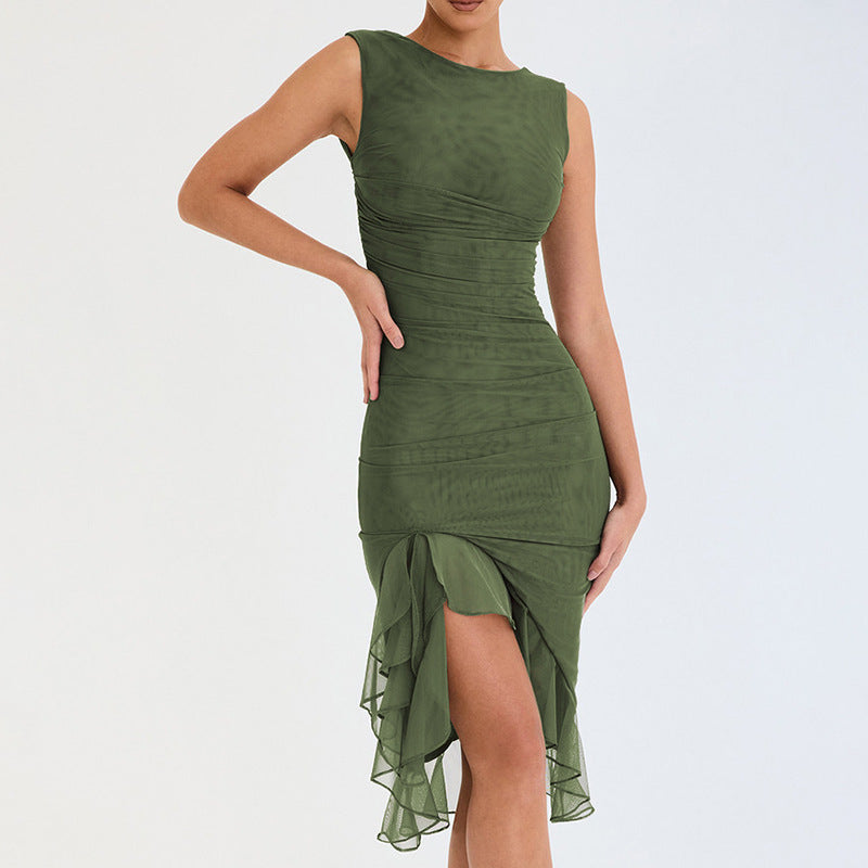 High-Neck Ruffle Hem solid Color Midi Dress