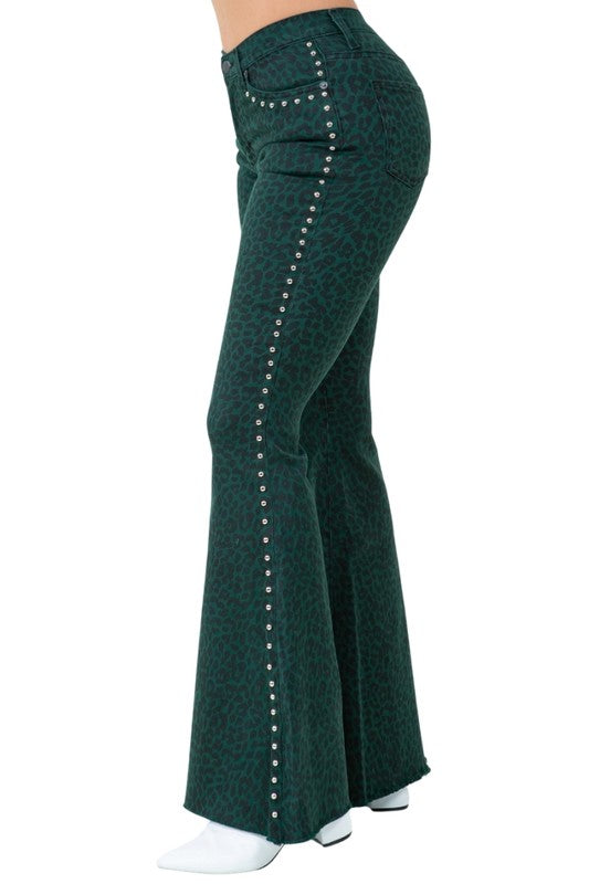 Green Leopard Studded Bell Bottom Jeans