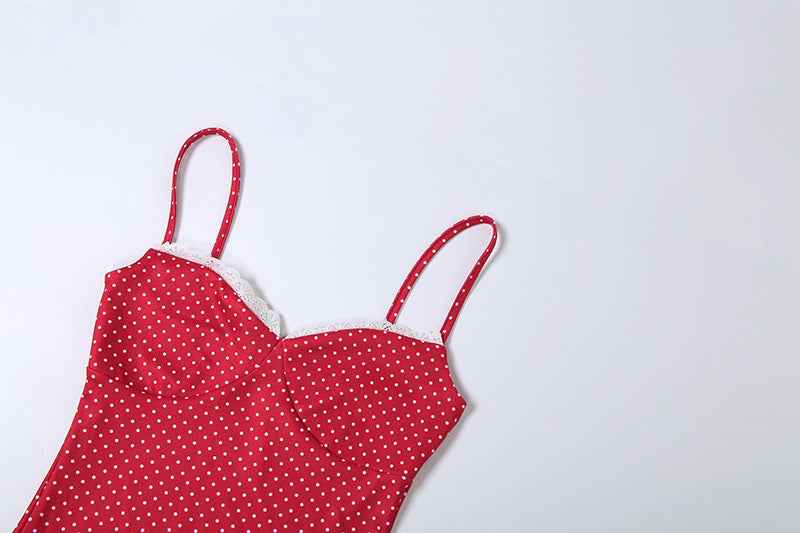 Polka Dot Mini Dress - Sweetheart Neckline Bodycon Red