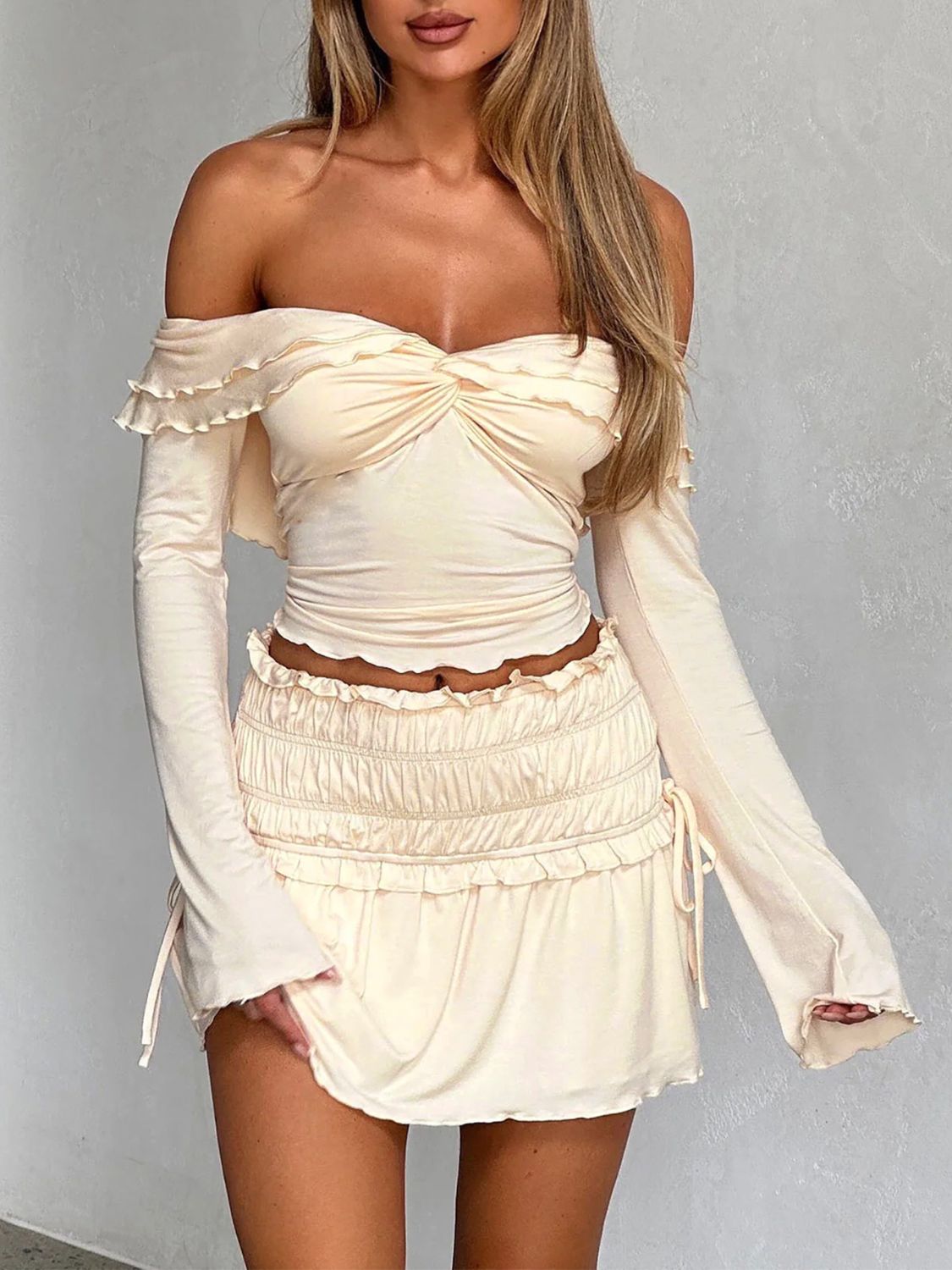 Devine Twisted Ruffled Off-Shoulder Long Sleeve T-Shirt - Fashions Envy