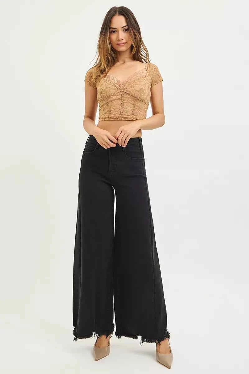 RISEN High Rise Palazzo Jeans - Tummy Control Frayed Hem