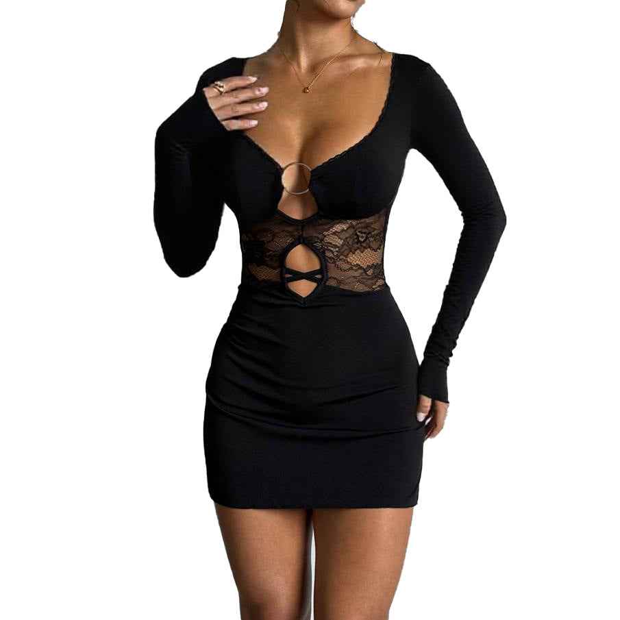 Lace Cutout Mini Dress - Black Deep V-Neck Long Sleeve