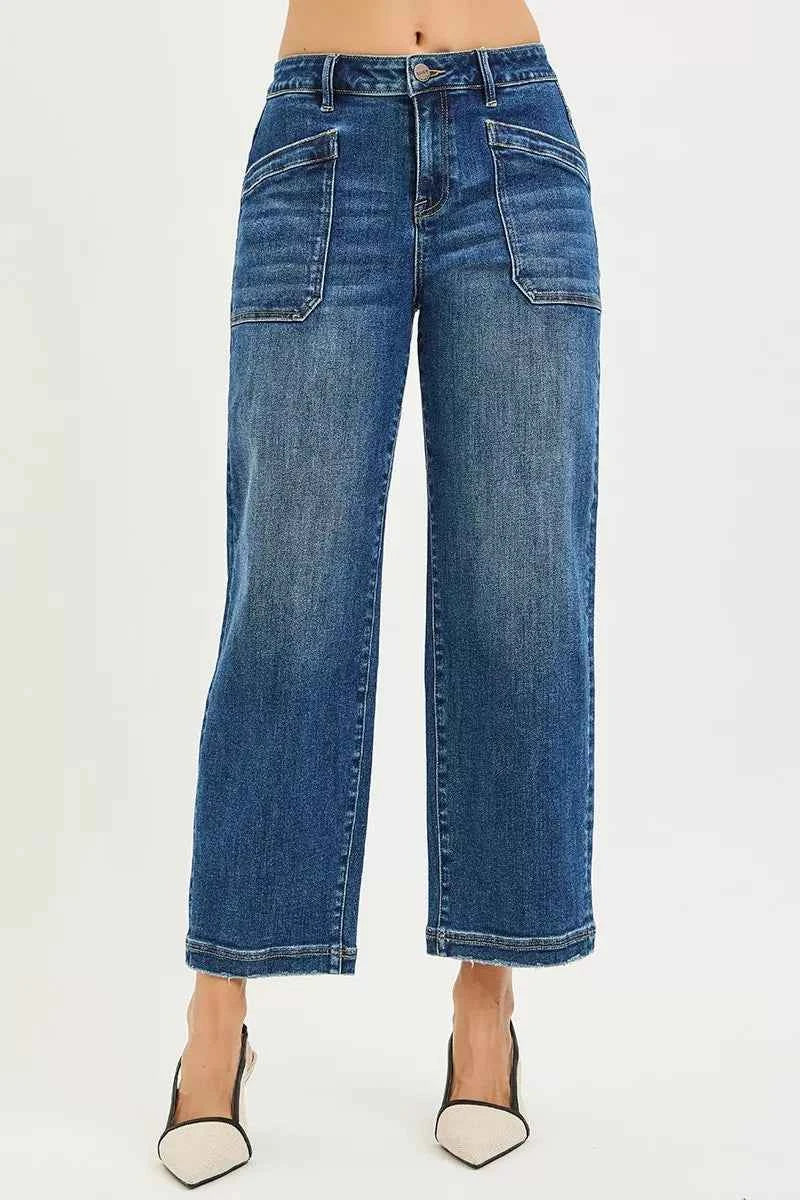 RISEN Slouchy Baggy Jeans - Cropped Front Patch Pocket