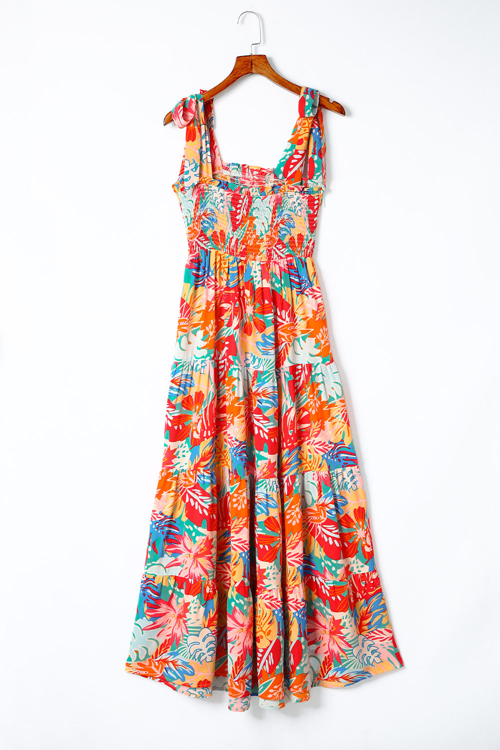 Smocked Ruffle Tiered Maxi Dress - Vibrant Tropical Print