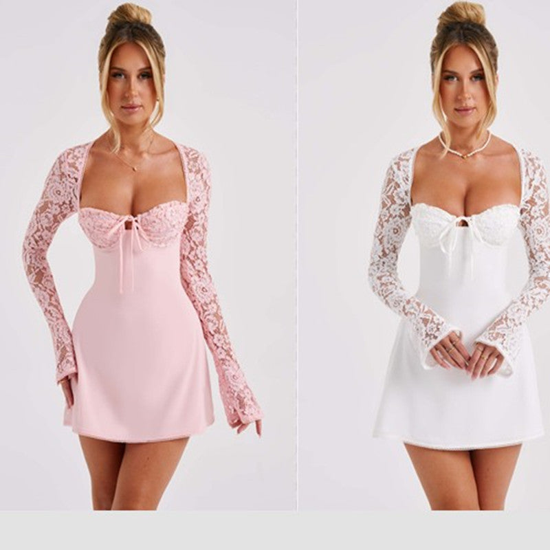 Lace Mini Dress - Long Sleeve Backless Party Dress
