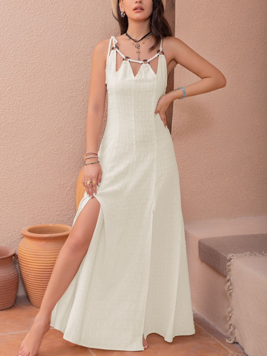 Beige Swiss Dot Cutout Sleeveless Maxi Dress