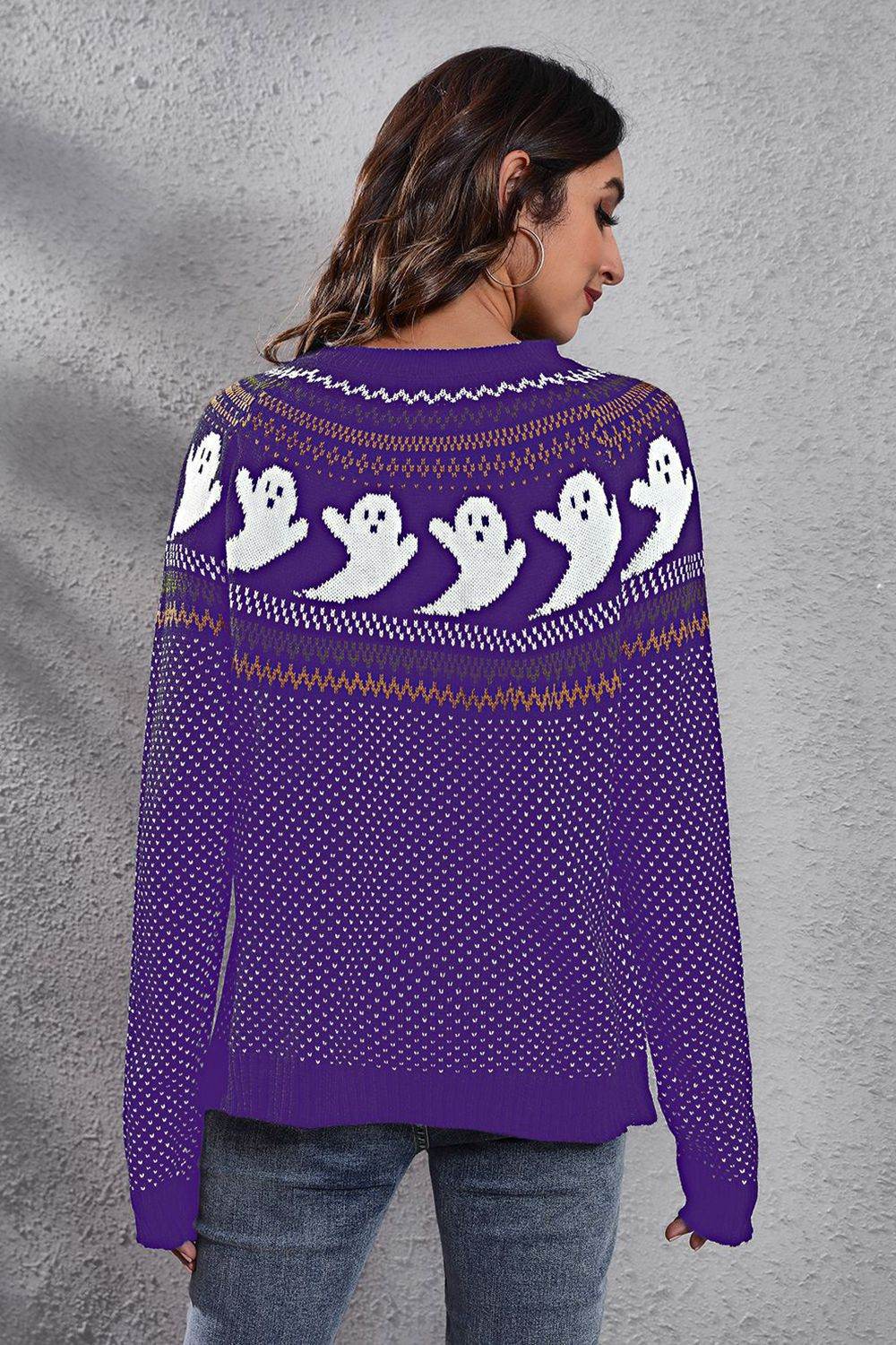 Ghost Pattern Round Neck Long Sleeve Sweater - Fashions Envy