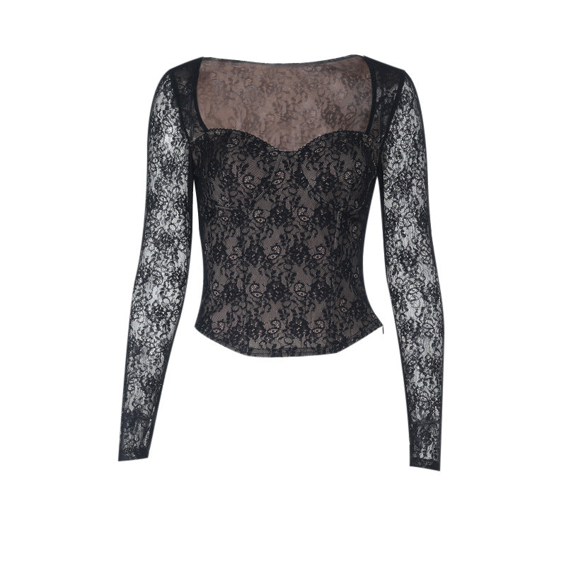 Black Lace Long Sleeve Top - V-Neck Waist Cinched Slim