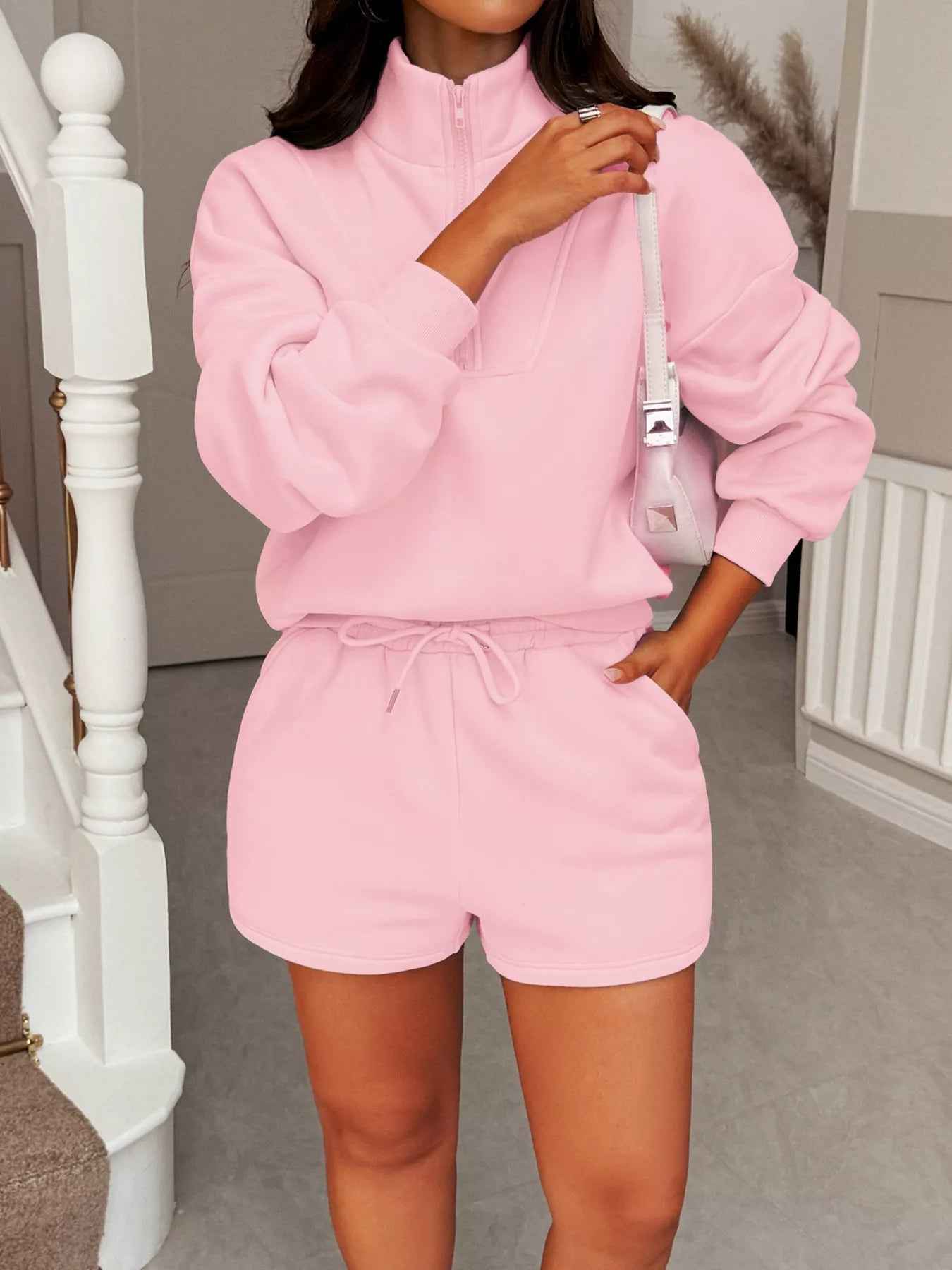 Zip-Up Sweatshirt & Shorts Set - Casual Loungewear - Fashions Envy