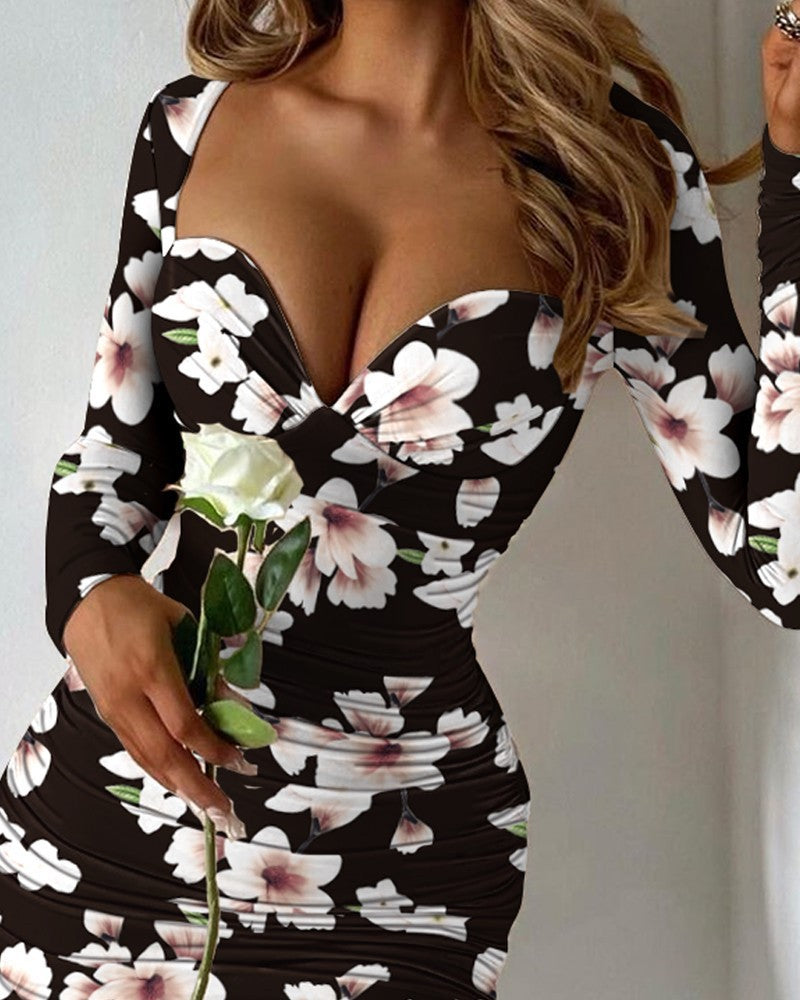 Ruched Bodycon Mini Dress - Long Sleeve Party Dress