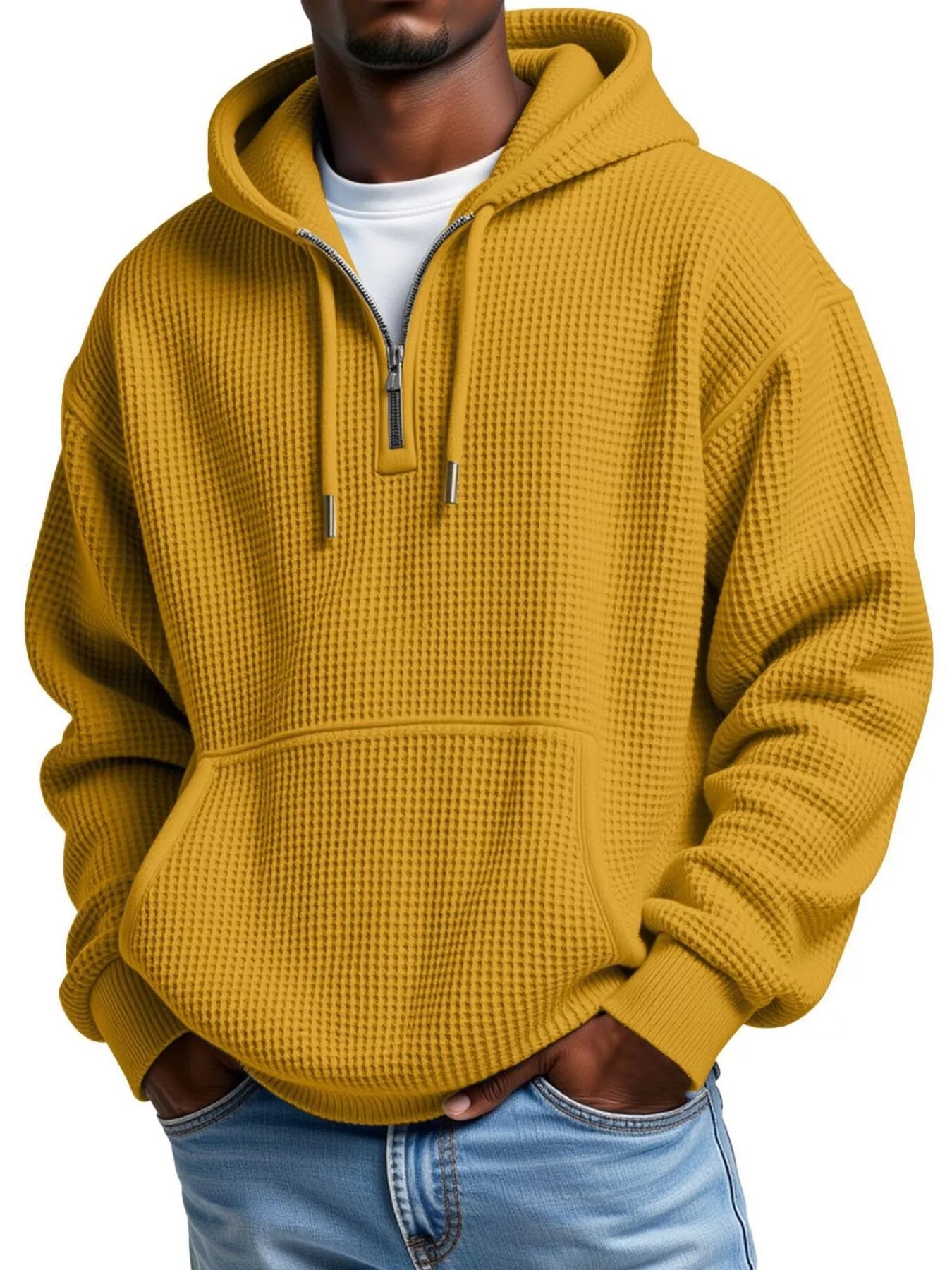 Waffle Knit Half-Zip Hoodie Men - Textured Cotton Blend - Fashions Envy