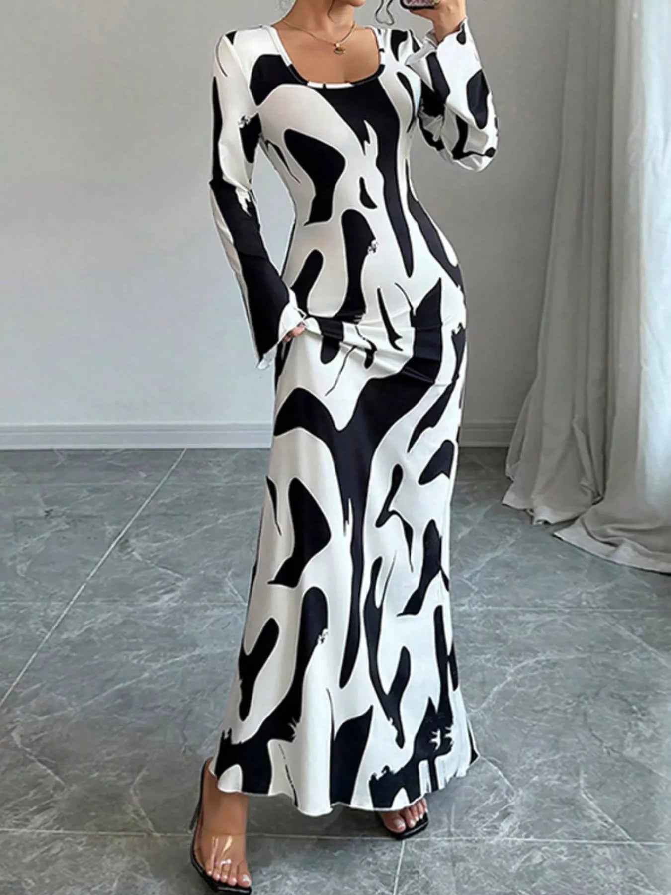 Abstract Print Maxi Dress - Long Sleeve Tie Back Style - Fashions Envy