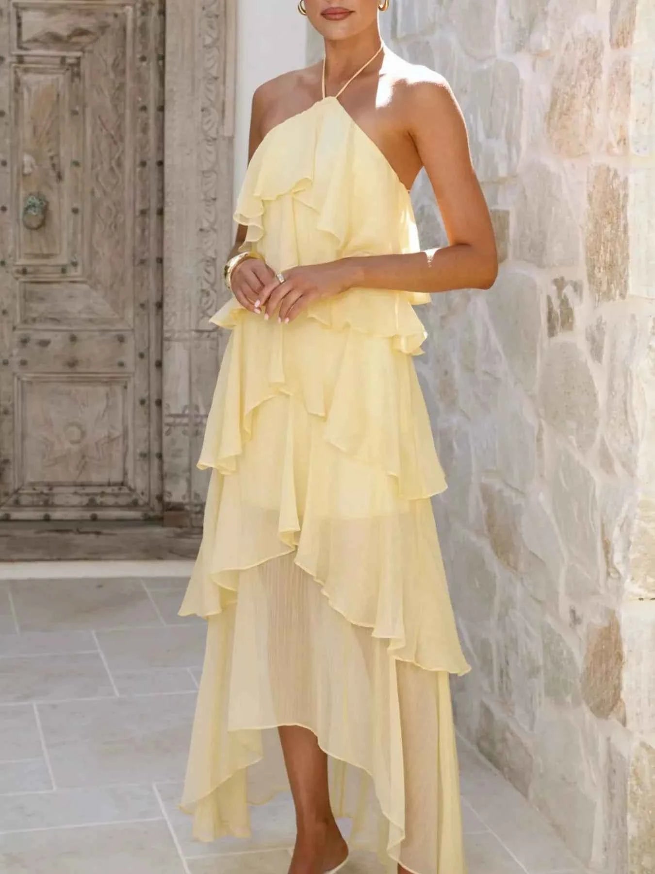 Tiered Ruffle Halter Midi Dress - Layered Flowy Style