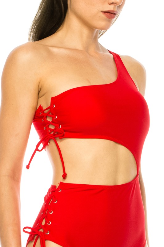 Side Lace-Up Single Shoulder One-Piece Swimsuit