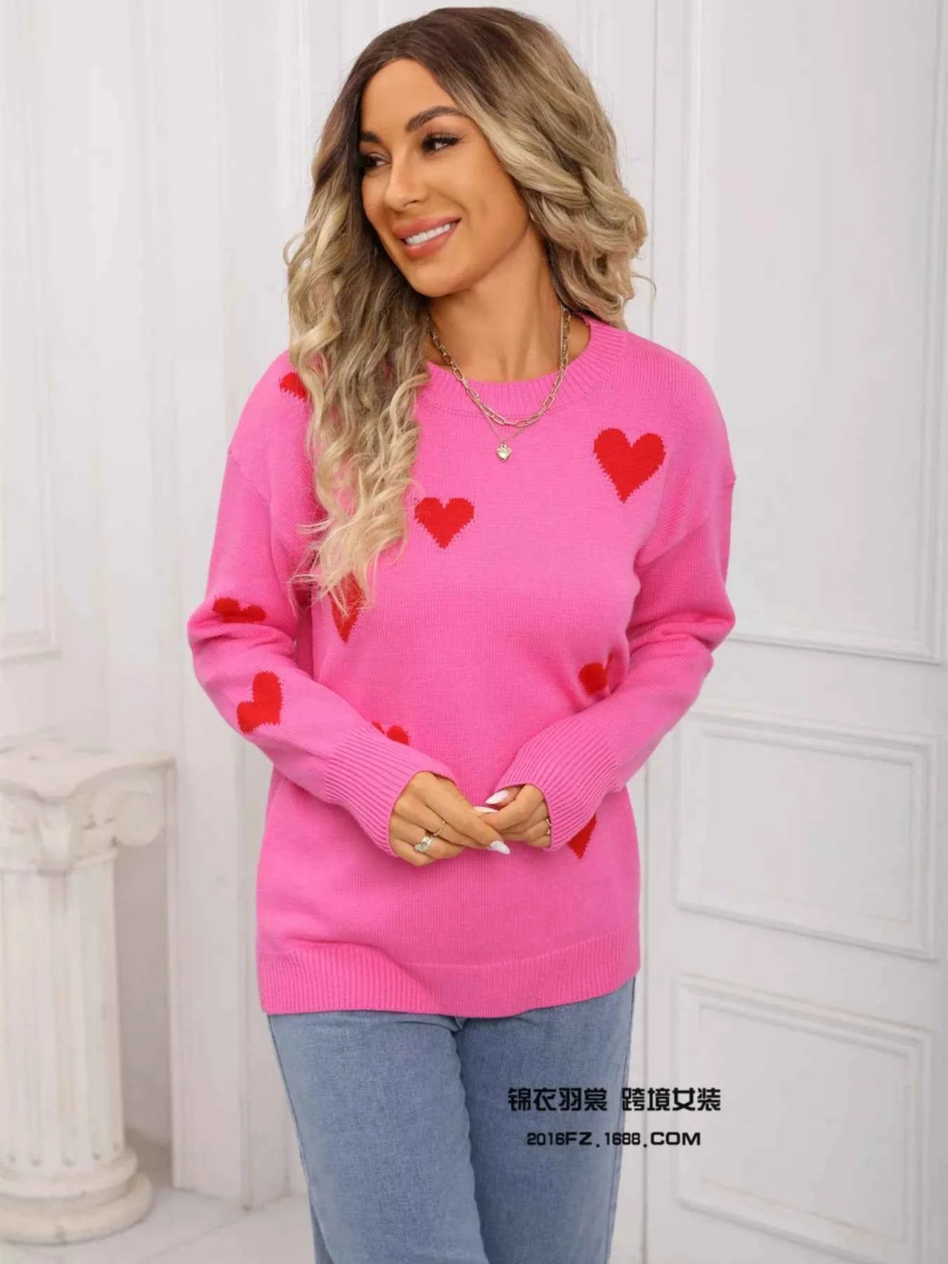 Valentine's Day Heart Print Round Neck Sweater - Fashions Envy