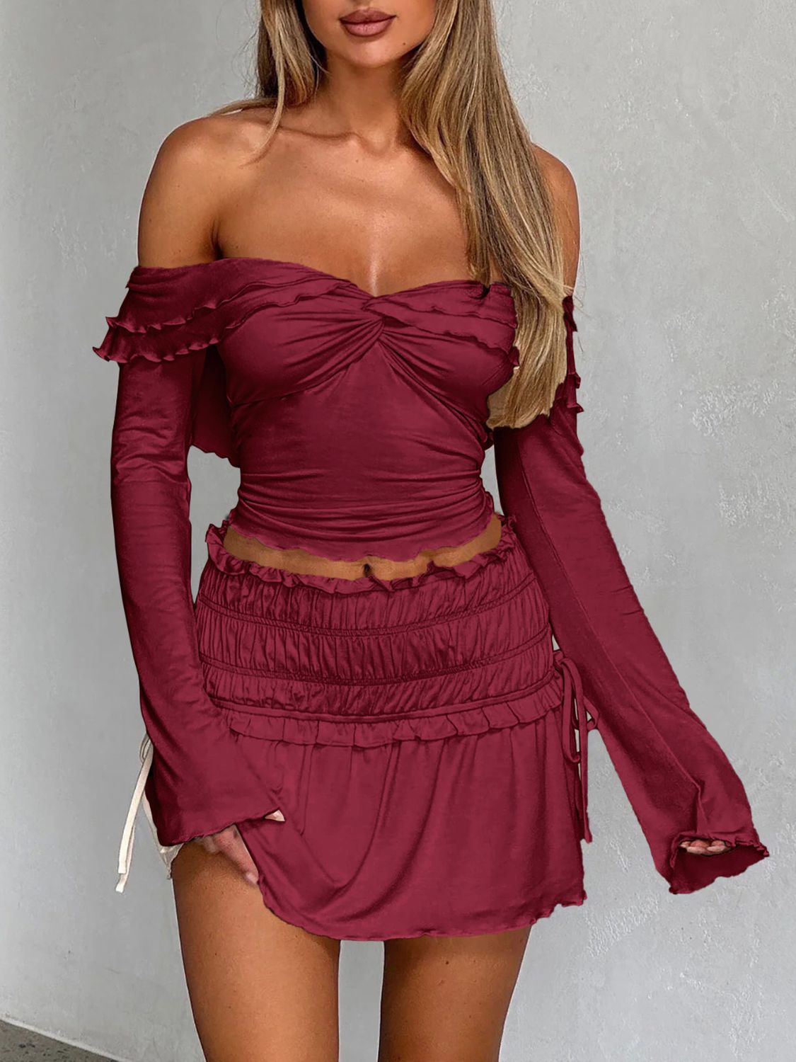 Devine Twisted Ruffled Off-Shoulder Long Sleeve T-Shirt - Fashions Envy