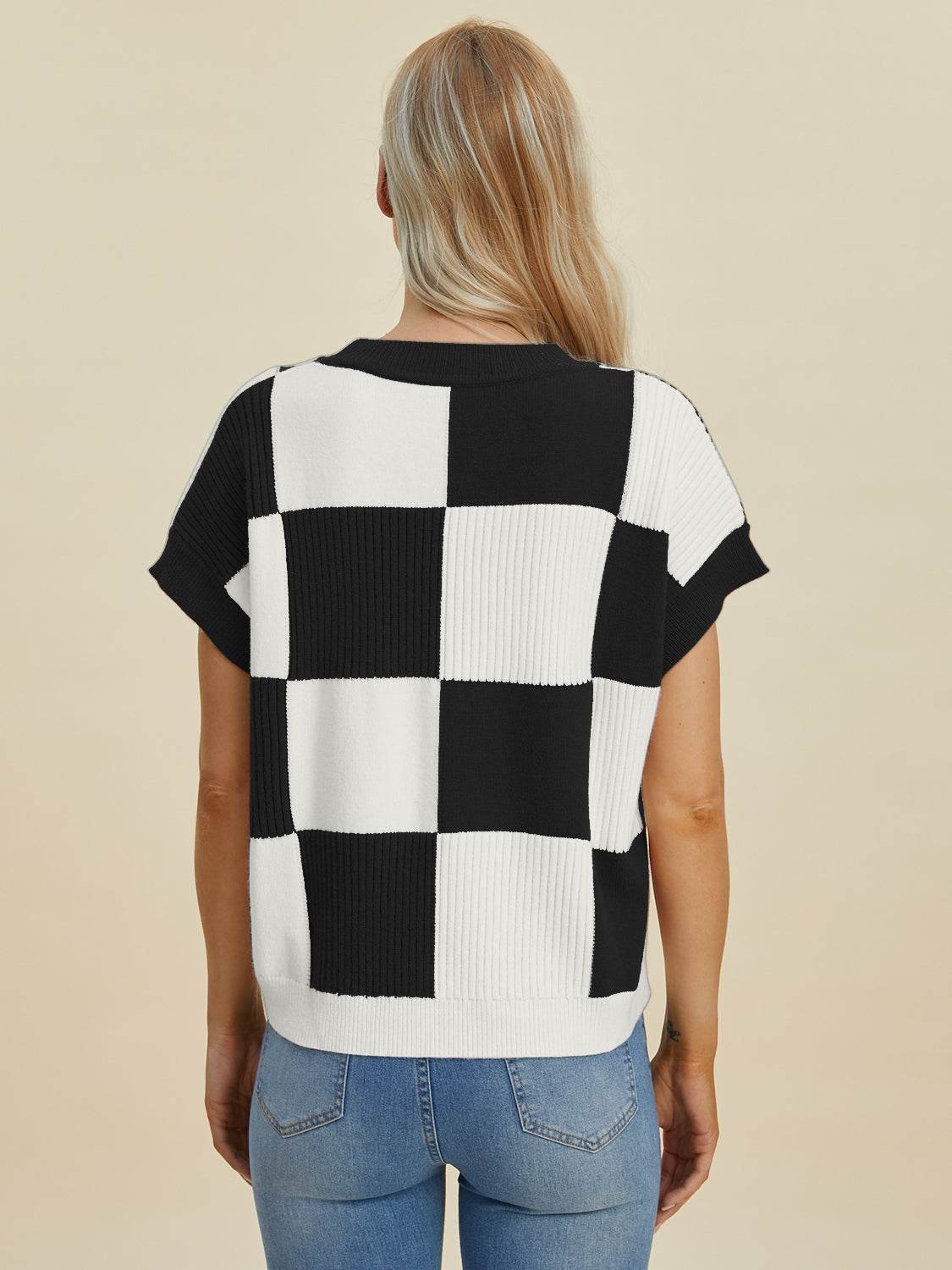Double Take Full Size Checkered Round Neck Short Sleeve Sweater - Fashions Envy