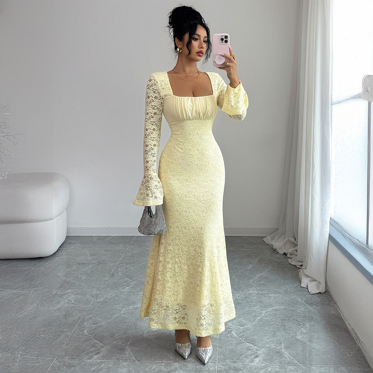 Elegant Lace Bodycon Maxi Dress - Chic Yellow Gown